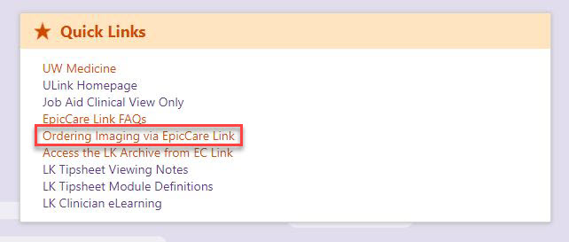 Red box around "Ordering imaging via EpiCare link" option under quick links