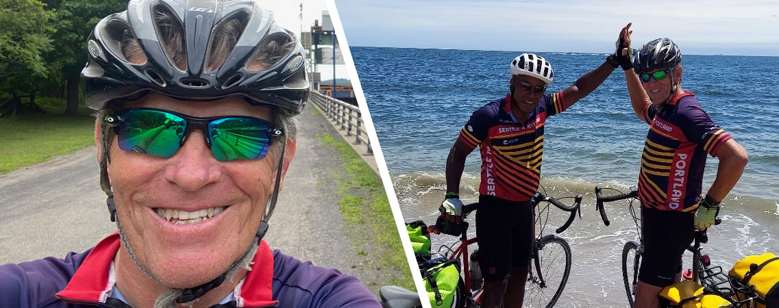 Photo of Ray Wittmier in a bike helmet looking into the camera and smiling. Photo on the left of Ray Wittmier giving a friend a high five