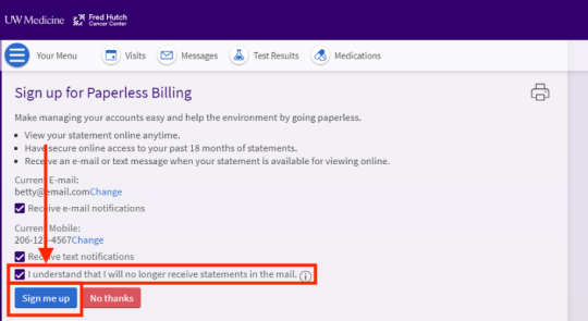 Box around check box next to “I understand that I will no longer receive paper statements in the mail” and box around “Sign me up” button