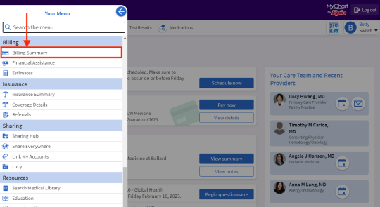 “Your Menu” is open with arrow pointing to box surrounding “billing summary”