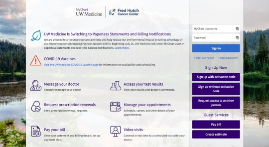 UW Medicine MyChart home screen 